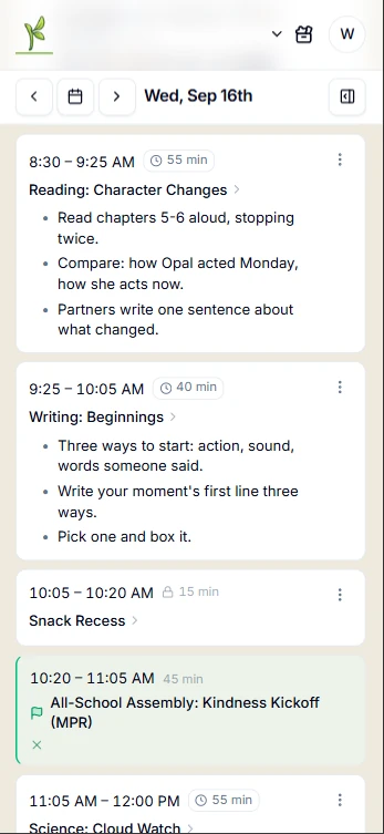 Actual KlassKarma daily agenda for Wednesday, September 16, showing reading and writing lesson instructions, recess, and the school assembly.