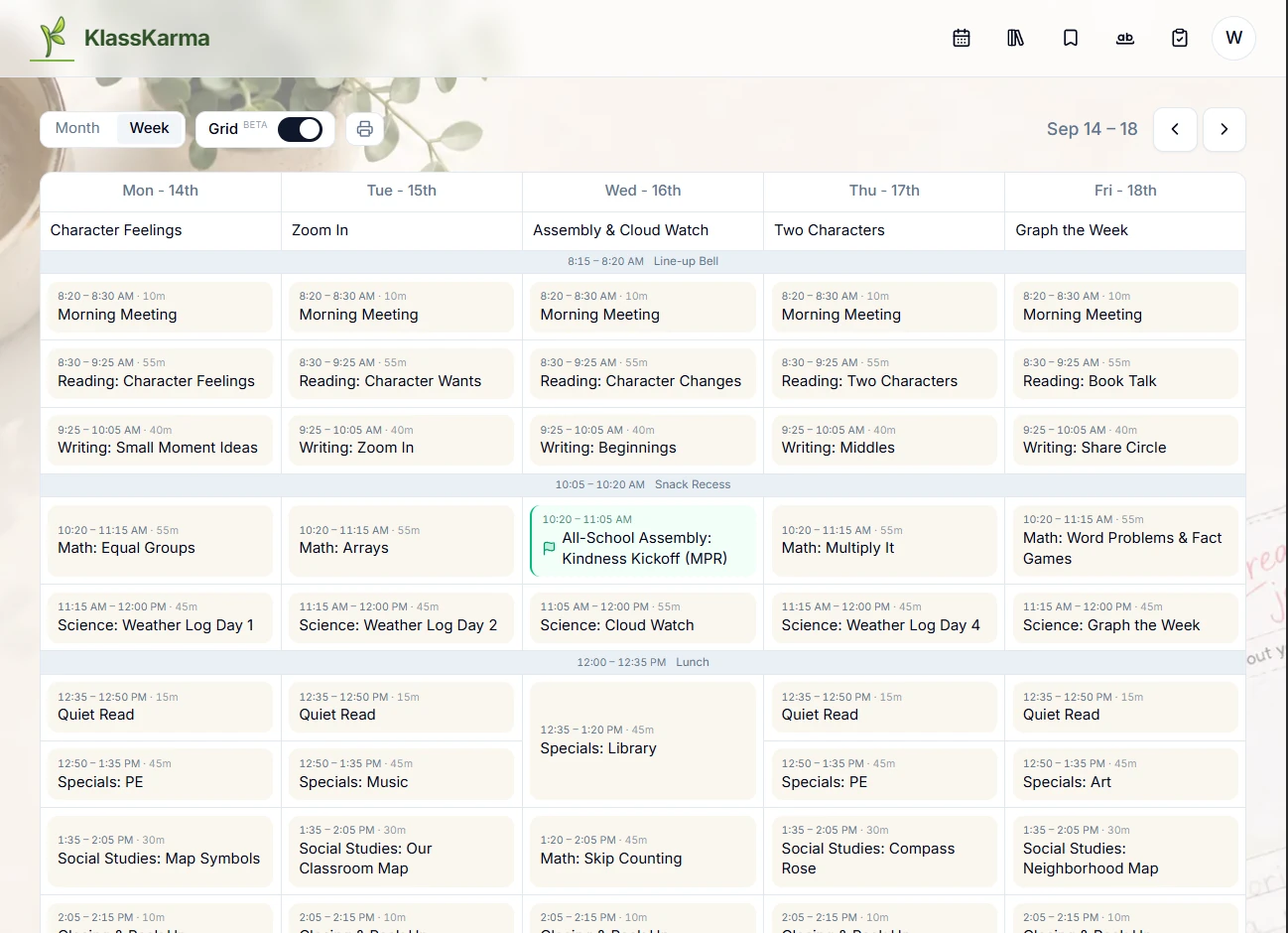 KlassKarma desktop week with five aligned daily agendas and a flexible Wednesday schedule.