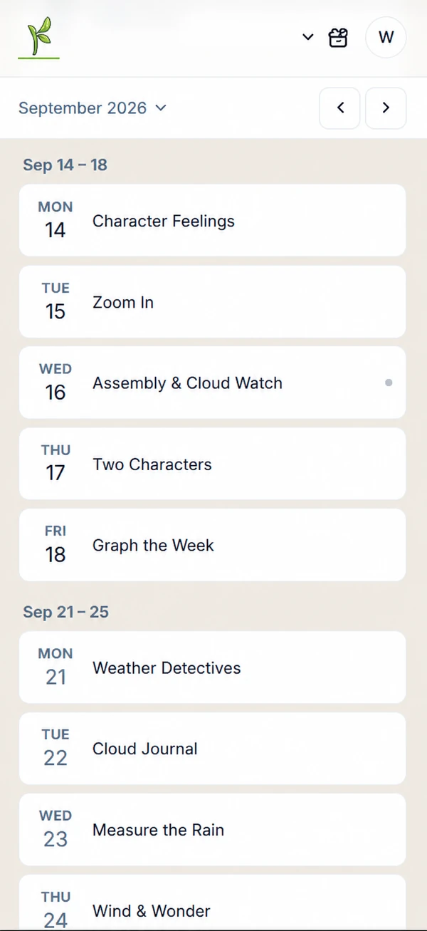 KlassKarma month overview with example plans for the following week.